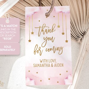 May include: Pink and gold thank you tag with a watercolor background and gold stars. The text reads "Thank you for coming" with "With love, Samantha & Aiden" below.