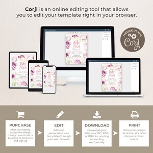 May include: A digital mockup showing how to use Corjl to edit and personalize a baby shower invitation. The invitation features an underwater theme with an octopus, jellyfish, and fish. The invitation is in shades of pink, purple, and blue.
