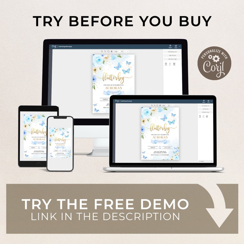 May include: A digital mockup of a blue and gold butterfly themed birthday invitation with the text "Flutterby" and "Aurora's First Birthday". The invitation is displayed on a computer screen, tablet, and phone.