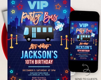 VIP Party Bus Invitation, EDITABLE Blue Limo Party Invite, Rock Star Birthday, Glow Neon Light Template, Personalized Any Age Card, KP204