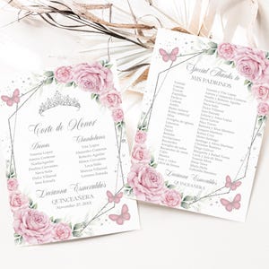 Blush Pink e Silver Quinceañera Mis Padrinos List, EDITÁVEL Corte de Honor Modelo de 15º aniversário, Mis Quince Anos, Download instantâneo, Q092