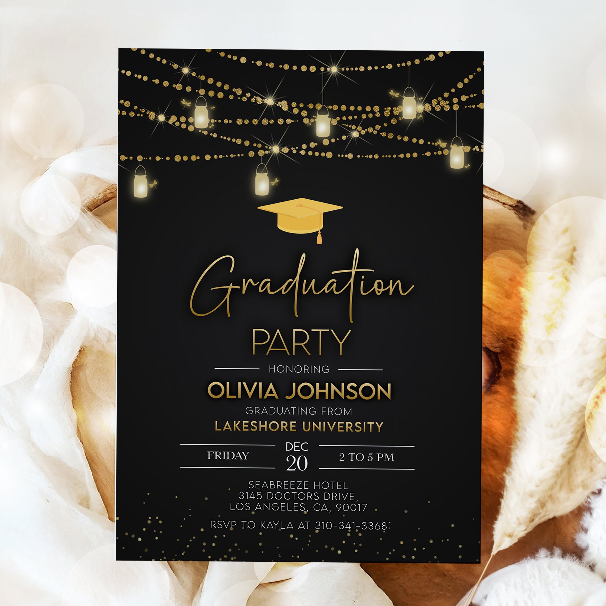 Graduation Party Invitation, Editable Black and Gold Graduation Announcement  Invite, Glitter Grad Party Text Invitation, String Lights, G010 - Etsy, image size:2000x2000