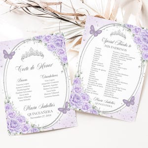 Lavanda Púrpura y Plata Quinceañera Mis Padrinos Lista, Tarjeta EDITABLE Corte de Honor, Mis Quince Anos 15 Cumpleaños, Descarga Instantánea Q058