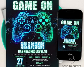 Video Game Party Invitation, EDITABLE Level Up Birthday Invite, Blue Neon Glow Invite, Gamer Boy Template, Arcade Party, Family Night, KP214
