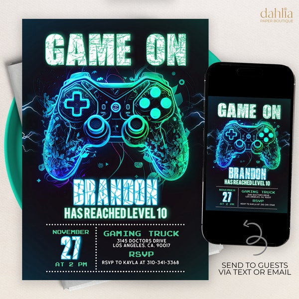 Video Game Party Invitation, EDITABLE Level Up Birthday Invite, Blue Neon Glow Invite, Gamer Boy Template, Arcade Party, Family Night, KP214