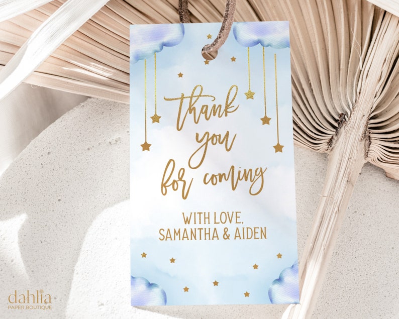 May include: Blue and gold thank you tag with clouds and stars. The tag says "Thank you for coming" with "With love, Samantha & Aiden" below.