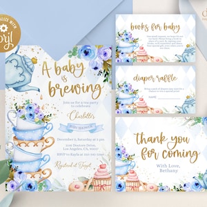 EDITABLE Tea Baby Shower Invitation Set, Baby is Brewing, Whimsical Girl Party Pack, Floral Gold and Blue, Spring High Tea Template, BS131