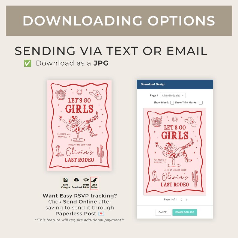 May include: A pink and red printable invitation for a girls' night out with the text "Let's Go Girls" and "Olivia's Last Rodeo".