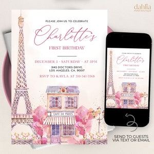 EDITABLE Paris First Birthday Invitation Template, French 1st Birthday Invitation, Girl Eiffel Tower, Parisian Cafe, Instant Download, KP050