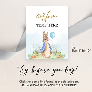 May include: A customizable sign featuring a watercolor illustration of Peter Rabbit holding a blue balloon. The sign is 8 inches by 10 inches and says "custom text here".