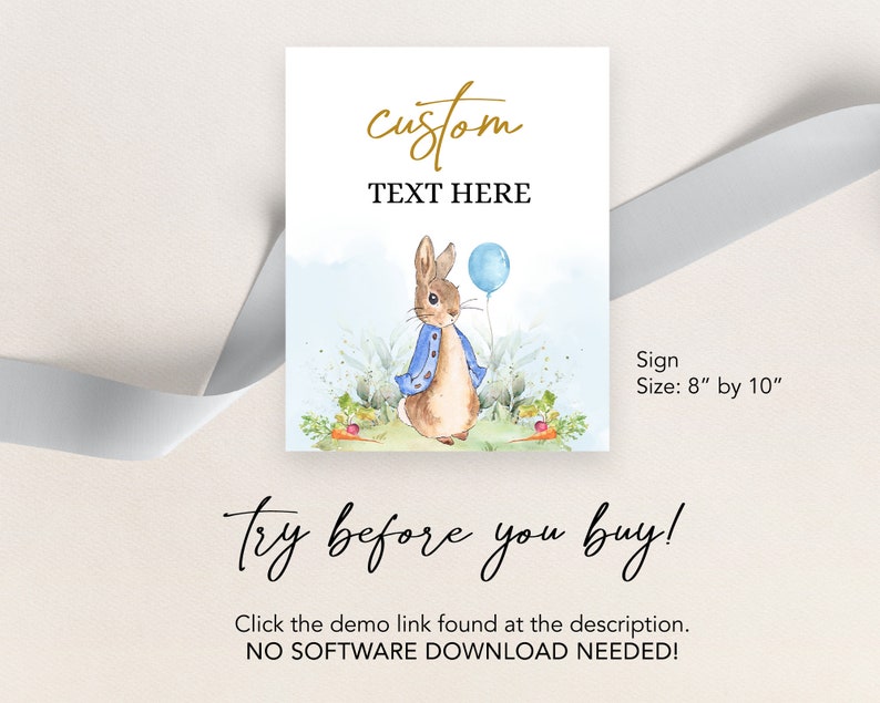 May include: A customizable sign featuring a watercolor illustration of Peter Rabbit holding a blue balloon. The sign is 8 inches by 10 inches and says "custom text here".