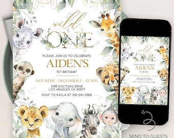 EDITABLE Safari 1st Birthday Party Invitation, Jungle Party Invitation Template, Safari First Birthday, Wild One Safari Jungle Animal, KP047