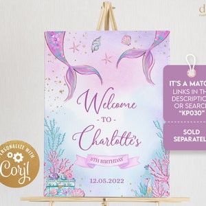 May include: A welcome sign for a 5th birthday party with a mermaid theme. The sign is pink and blue with a mermaid tail and seashells. The text on the sign reads "Welcome to Charlotte's 5th Birthday 12.05.2022".