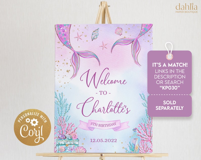 May include: A welcome sign for a 5th birthday party with a mermaid theme. The sign is pink and blue with a mermaid tail and seashells. The text on the sign reads "Welcome to Charlotte's 5th Birthday 12.05.2022".