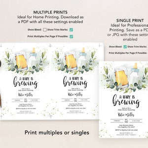 May include: A baby shower invitation with a watercolor illustration of a beer mug and a baby bottle. The text reads "A Baby is Brewing" and includes the date, time, and location of the event. The invitation is decorated with green leaves and gold glitter.