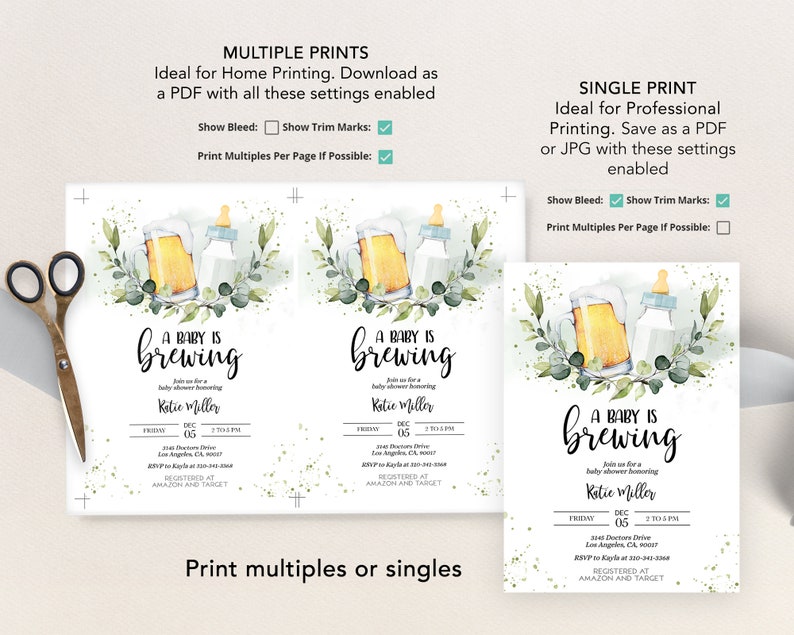 May include: A baby shower invitation with a watercolor illustration of a beer mug and a baby bottle. The text reads "A Baby is Brewing" and includes the date, time, and location of the event. The invitation is decorated with green leaves and gold glitter.