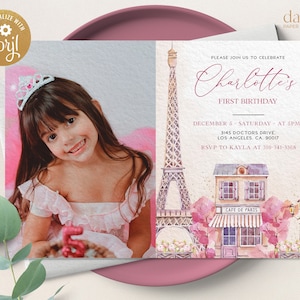 編集可能な写真付きパリの1歳の誕生日招待状、フランスの1歳の誕生日テンプレート、女の子のエッフェル塔のおしゃれなパリのカフェ、すぐにダウンロードできるKP050