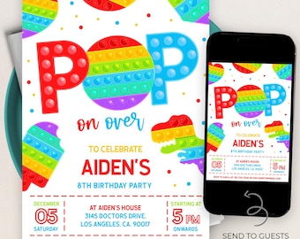 EDITABLE Pop It Birthday Invitation, Pop It Party Invitation Template, Bright Rainbow Pop It, Instant Editable File, Instant Download KP044