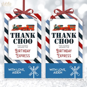 Etiqueta de regalo de agradecimiento por venir, tren de juguete editable para cumpleaños, regalo de fiesta de Blue Express, etiqueta de transporte para niños, Chugga Chugga Choo Choo, KP253