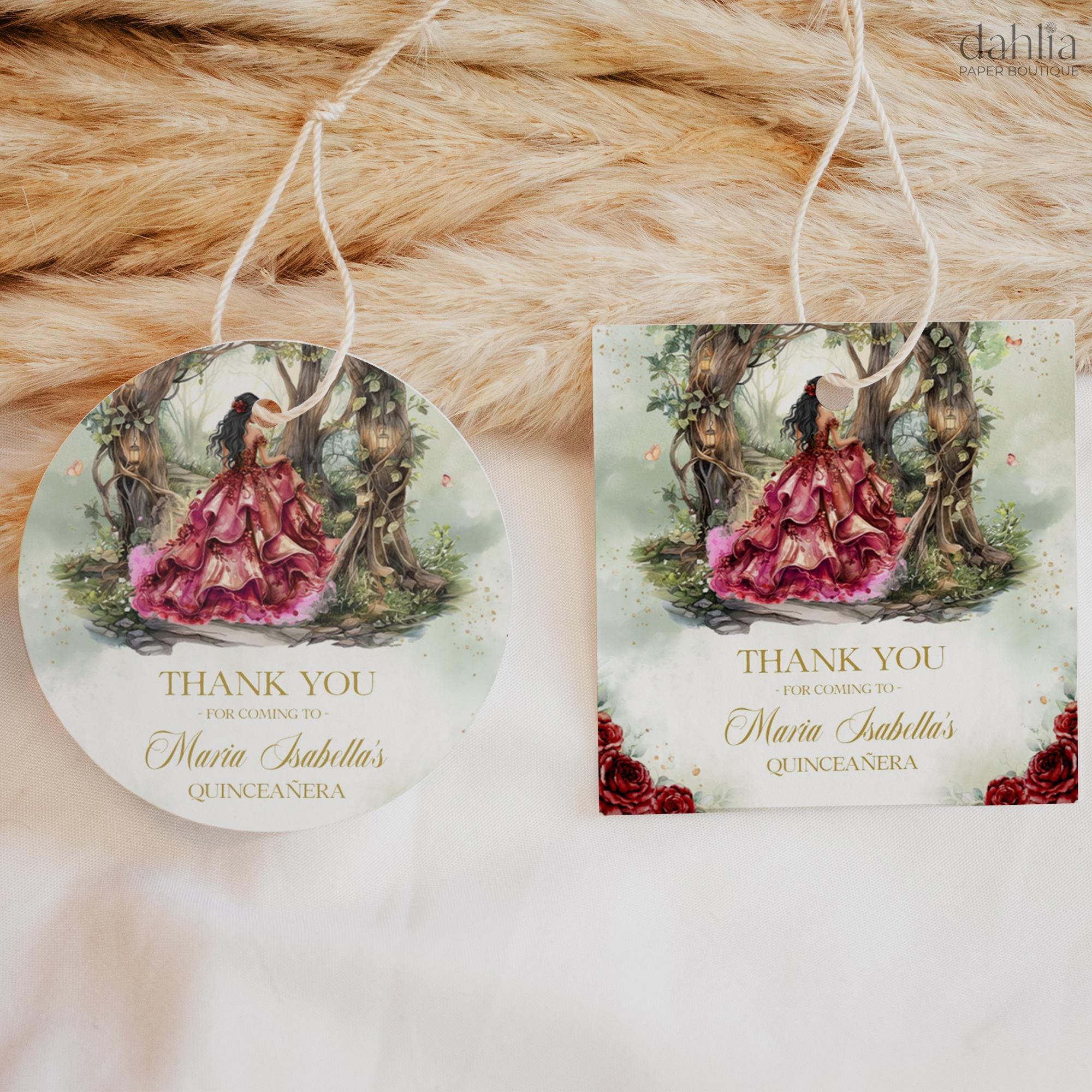 Quinceañera Thank You Gift Tag, Editable Enchanted Forest Burgundy Red ...