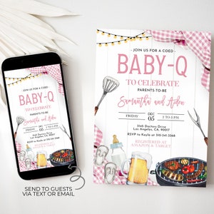 May include: Pink and white baby shower invitation with a barbecue theme. The invitation features a grill, a beer mug, a baby bottle, and a spatula. The text on the invitation reads "Join us for a coed Baby-Q to celebrate parents-to-be Samantha and Aiden. Friday, December 05, 2 to 5 PM. 3145 Doctors Drive, Los Angeles, CA, 90017. RSVP to Kayla at 310-341-3368. Registered at Amazon & Target."