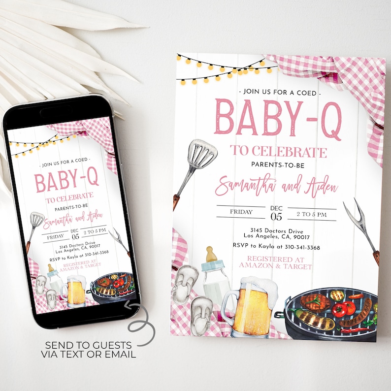 May include: Pink and white baby shower invitation with a barbecue theme. The invitation features a grill, a beer mug, a baby bottle, and a spatula. The text on the invitation reads "Join us for a coed Baby-Q to celebrate parents-to-be Samantha and Aiden. Friday, December 05, 2 to 5 PM. 3145 Doctors Drive, Los Angeles, CA, 90017. RSVP to Kayla at 310-341-3368. Registered at Amazon & Target."