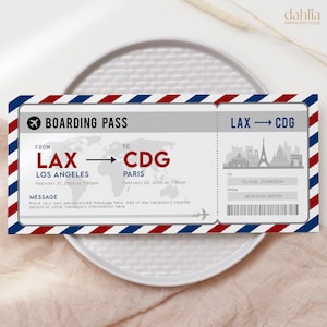 Billet carte d'embarquement pour Paris, voyage surprise modifiable Paris, billet d'avion France imprimable, modèle de billet d'avion, cadeau de voyage