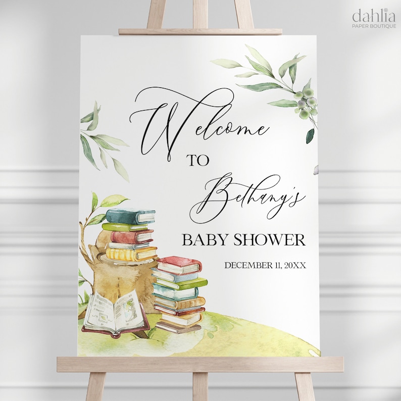 May include: Welcome to Bethany's Baby Shower sign with a watercolor illustration of a stack of books and greenery. The text reads "Welcome to Bethany's Baby Shower, December 11, 20XX".