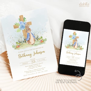 Invito al battesimo di Peter Rabbit, invito alla festa di battesimo del coniglietto blu modificabile, padrini di battesimo del ragazzo personalizzati, download istantaneo, BP011
