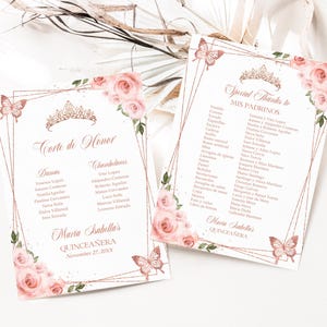 Liste des Mis Padrinos de Quinceañera en or rose, modèle MODIFIABLE de diadème de princesse, 15e anniversaire de Mis Quince Anos téléchargement immédiat, Q014
