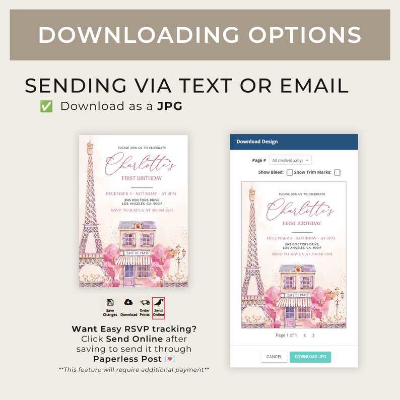 May include: A pink and white printable invitation for a first birthday party. The invitation features a watercolor illustration of the Eiffel Tower, a pink building with a sign that says "Cafe de Paris", and pink flowers. The text on the invitation says "Please join us to celebrate Charlotte's First Birthday" and includes the date, time, and location of the party. The invitation also includes a RSVP phone number. The invitation is shown on a computer screen with a blue bar at the top that says "Download Design".