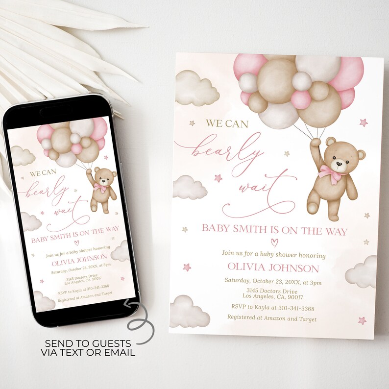 Teddy Bear Baby Shower Invitation Set, EDITABLE Pink Balloon Clouds ...