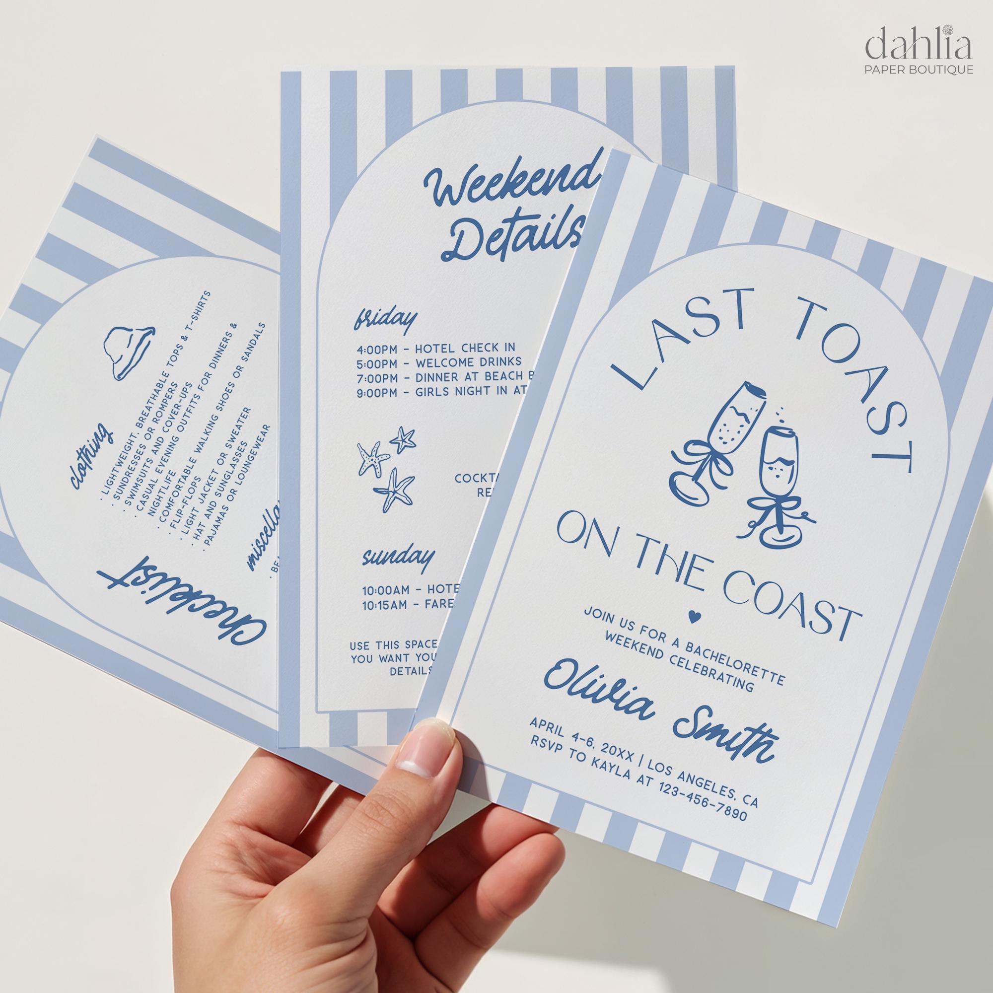 Last Toast On The Coast Bachelorette Invitation, Girls Beach Bachelorette Weekend Itinerary, Dusty Blue Coastal Hen Party Invite, BC041