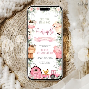 BEWERKBARE boerderij digitale verjaardagsuitnodiging, schuurdieren mobiel uitnodigen, ranch verjaardag Evite, roze boerenerf-sms, eenvoudig te downloaden KP082