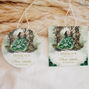 Quinceañera Thank You Gift Tag, Editable Enchanted Forest Emerald Green 15th Birthday Giveaway, Mis Quince Anos Party Favor Round Label Q131