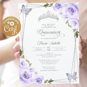 Lilac Purple and Silver Quinceañera Invitation, EDITABLE Tiara Rose 15th Birthday Party Invite Template, Mis Quince Anos, Easy Download Q016