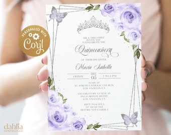 Lilac Purple and Silver Quinceañera Invitation, EDITABLE Tiara Rose 15th Birthday Party Invite Template, Mis Quince Anos, Easy Download Q016