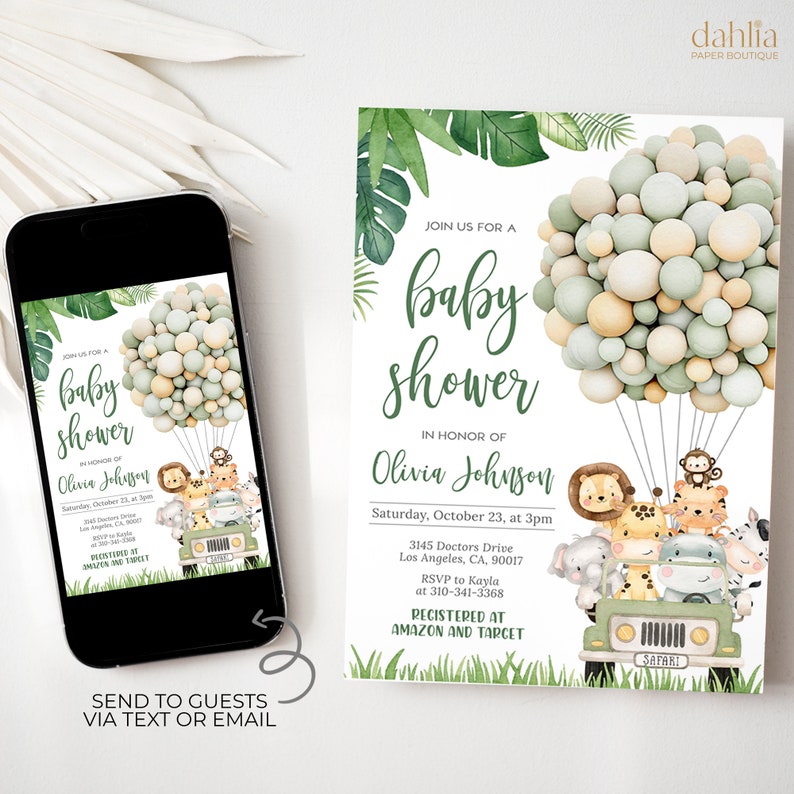 May include: Baby shower invitation featuring a safari theme with a green jeep carrying animal illustrations. The invitation includes text, a balloon design, and the words "baby shower". The invitation is also displayed on a smartphone.
