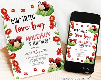 Love Bug First Birthday Invitation, EDITABLE Valentine's Party Invite Template, Nature Theme Party, Ladybug Invite, Instant Download, KP278