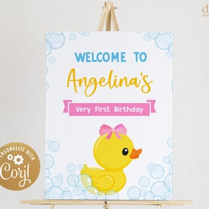 Sinal de boas-vindas de aniversário de patinho de borracha, decoração de festa de pato EDITÁVEL, banner de primeiro aniversário de meninas, pôster de banho de espuma, download instantâneo KP094