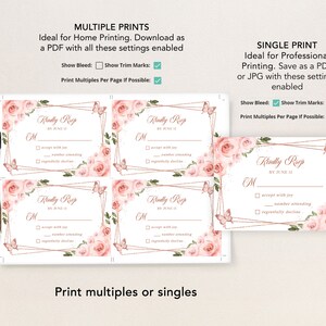 Puede incluir: Cuatro tarjetas RSVP imprimibles con un dise&ntilde;o floral rosa y detalles dorados. Las tarjetas tienen una secci&oacute;n para que los invitados indiquen si aceptan con alegr&iacute;a, el n&uacute;mero de asistentes o si declinan con pesar. El texto "Kindly Rsp" y "By June 12" est&aacute; impreso en las tarjetas.