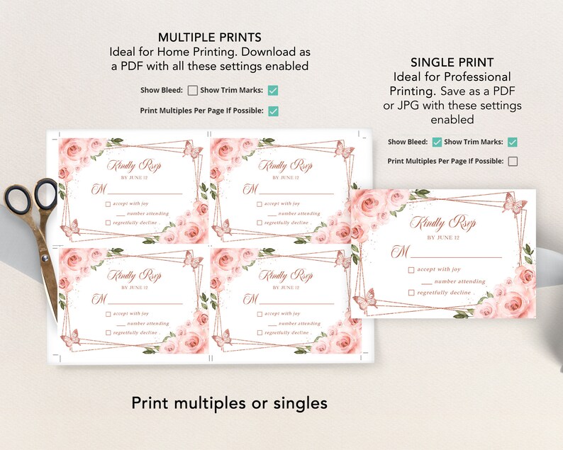Puede incluir: Cuatro tarjetas RSVP imprimibles con un dise&ntilde;o floral rosa y detalles dorados. Las tarjetas tienen una secci&oacute;n para que los invitados indiquen si aceptan con alegr&iacute;a, el n&uacute;mero de asistentes o si declinan con pesar. El texto "Kindly Rsp" y "By June 12" est&aacute; impreso en las tarjetas.