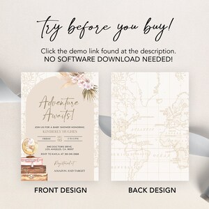 May include: A baby shower invitation with a travel theme. The front features a watercolor illustration of luggage, a globe, and a floral arrangement. The text reads "Adventure Awaits!" and includes the date, time, and location of the event. The back features a vintage world map.