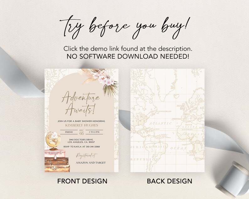 May include: A baby shower invitation with a travel theme. The front features a watercolor illustration of luggage, a globe, and a floral arrangement. The text reads "Adventure Awaits!" and includes the date, time, and location of the event. The back features a vintage world map.
