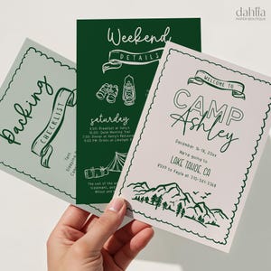 Camp Bachelorette Invitation & Itinerary Template, Mountain Bachelorette Weekend, Glamping, Last Trail Before The Veil, Hand Drawn, BC021