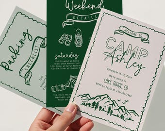 Camp Bachelorette Invitation & Itinerary Template, Mountain Bachelorette Weekend, Glamping, Last Trail Before The Veil, Hand Drawn, BC021