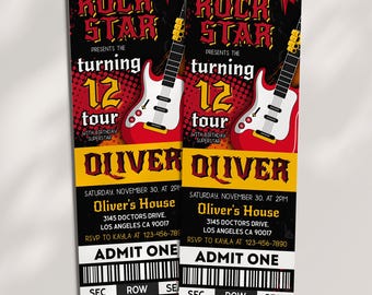 May include: A red and black ticket invitation for a 12th birthday party with a rock star theme. The ticket features a cartoon electric guitar and the text "Rock Star turning 12 tour".