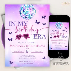 Convite "Na Minha Era de Aniversário", Convite de Aniversário Editável com Borboletas Roxas, Modelo para Noite de Garotas Disco Retrô, Aniversário para Adolescentes de Qualquer Idade, KP481