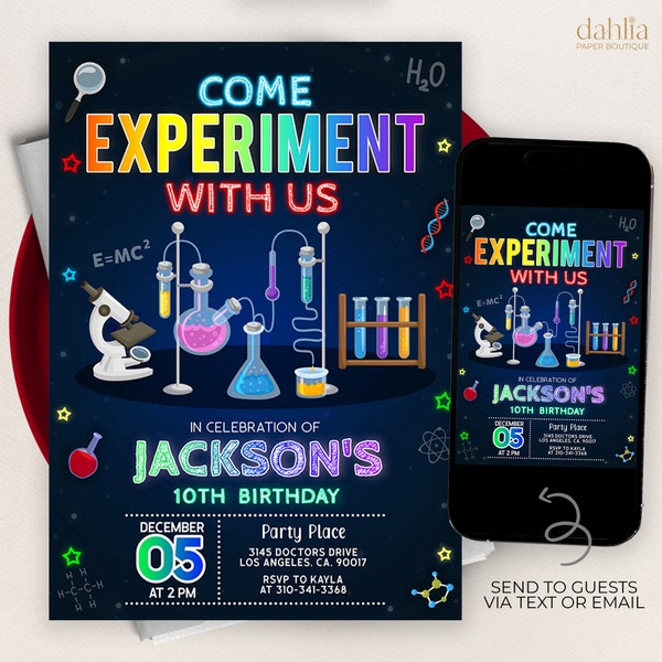 EDITABLE Mad Science Birthday Invitation, Boy Science Party Template, Neon Lab Experiment, Rainbow Scientist Invite, Instant Download, KP292