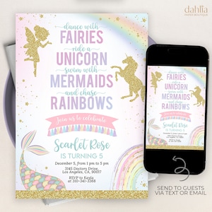 May include: A pink and blue invitation with a rainbow, unicorn, fairy, and mermaid. The invitation is for a birthday party for Scarlet Rose, who is turning 5. The party is on December 5th from 1 pm to 5 pm at 3145 Doctors Drive, Los Angeles, CA, 90017. RSVP to Kayla at 310-341-3368.